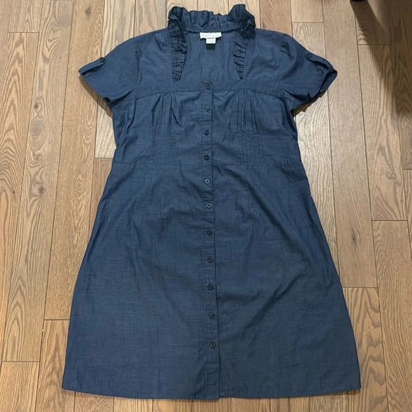 Millennium Dress Blue Empire Neck Ruffled Button Down Sz Large Short Sleeve Mini - Picture 1 of 6